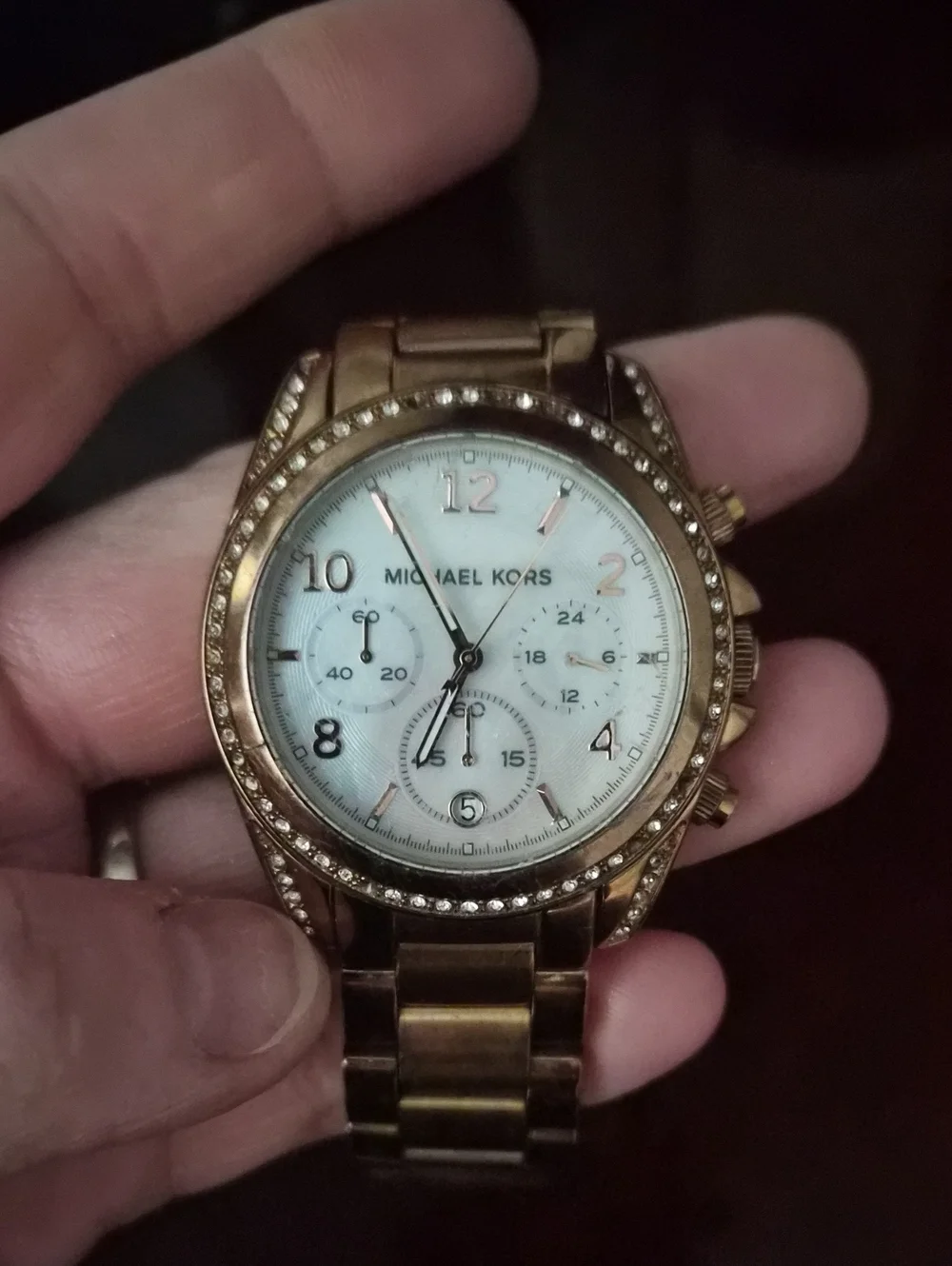 Michael Kors rose gold-tone crystal bezel watch with white dial